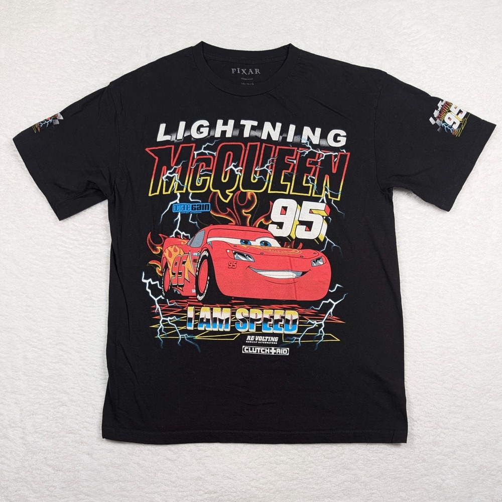 Pixar Graphic T-Shirt Men Large Black Lightning McQueen I Am Speed 95 Racing Tee
